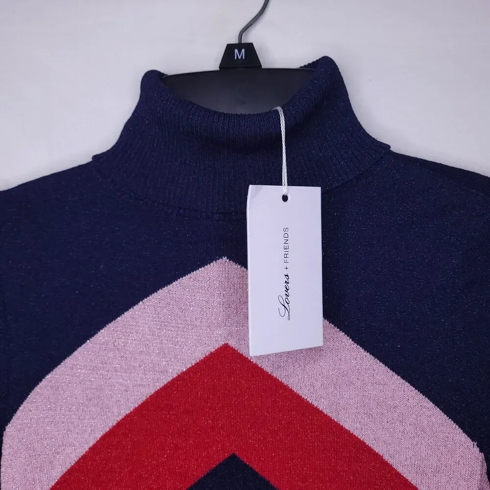 Lovers + Friends Sweater XS Navy Turtleneck Chevron Metallic NWT - Picture 2 of 11